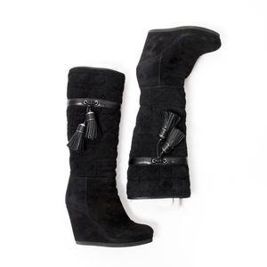Christian Dior Black Suede Cannage 'Pompon' Shearling Tall Boots